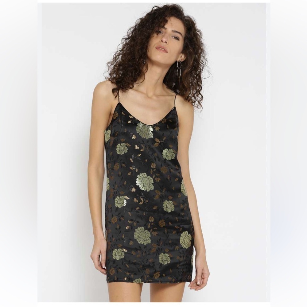 Forever 21 black gold leaf jacquard dress size S